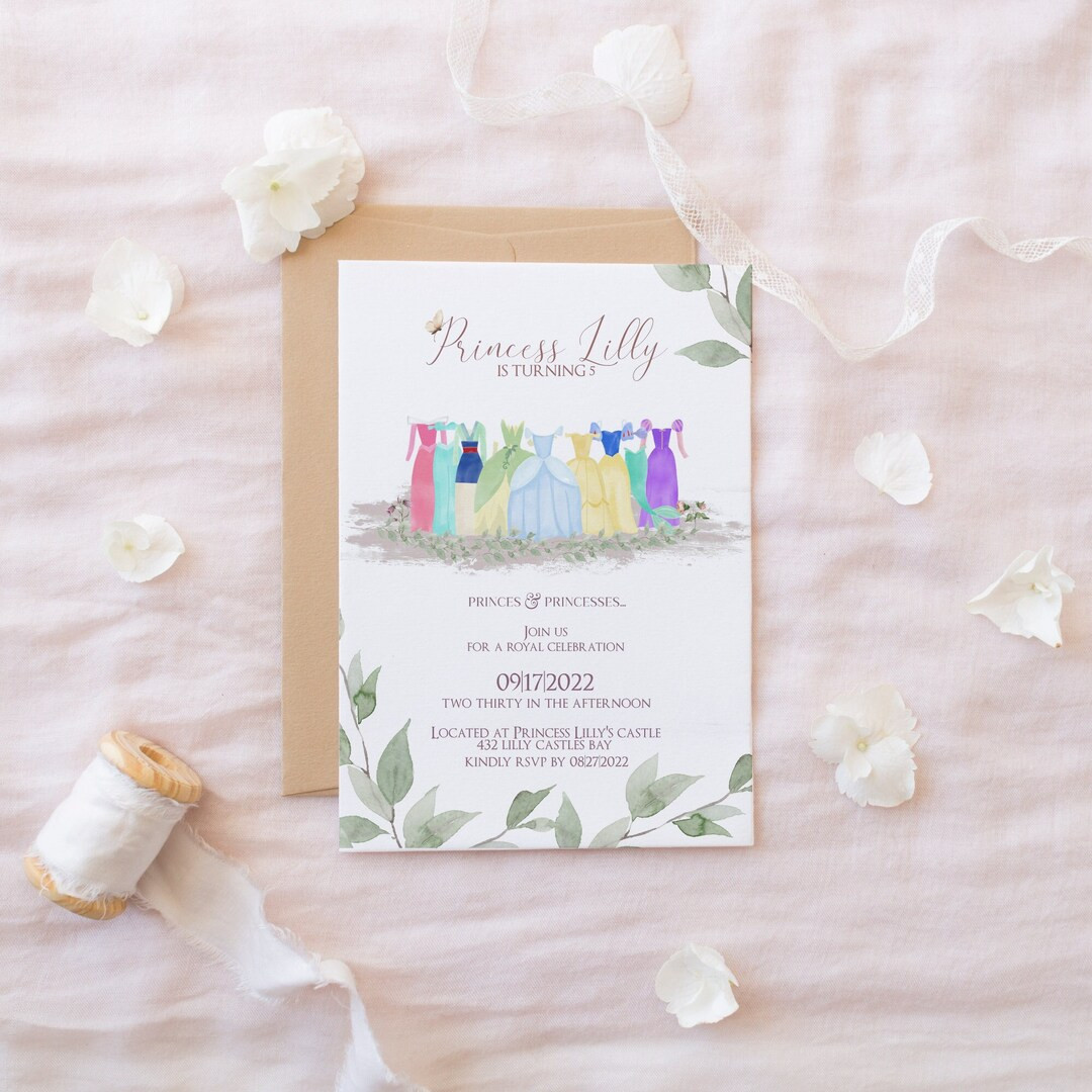 Digital, Princess Birthday Invitation, Princess party, Princess dresses, Simple Princess Birthday... | Etsy (US)