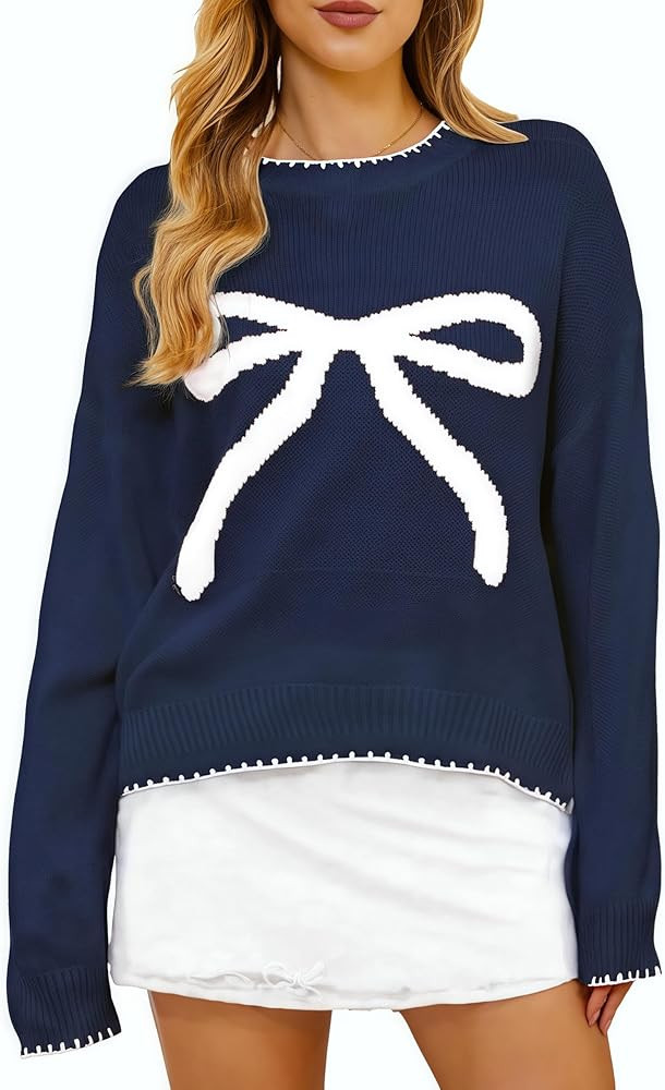 Milumia Women's Bow Print Drop Shoulder Long Sleeve Sweater Crew Neck Knit Fall Tops | Amazon (US)