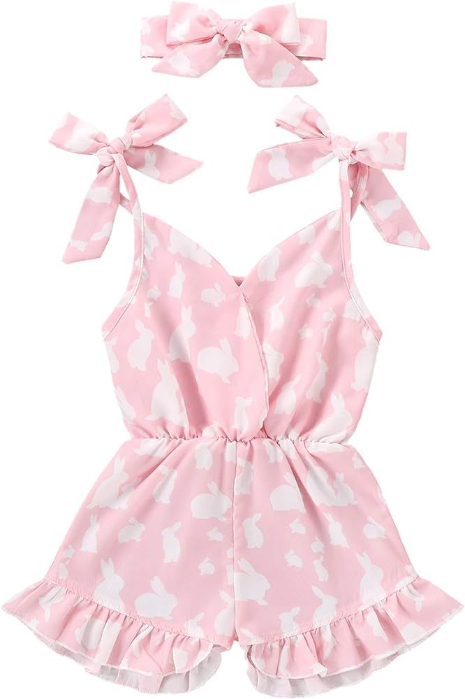 Flashing boy One-Piece Toddler Kid Baby Girl Easter Outfit Bowknot Strap Romper Ruffle Bunny Print J | Amazon (US)
