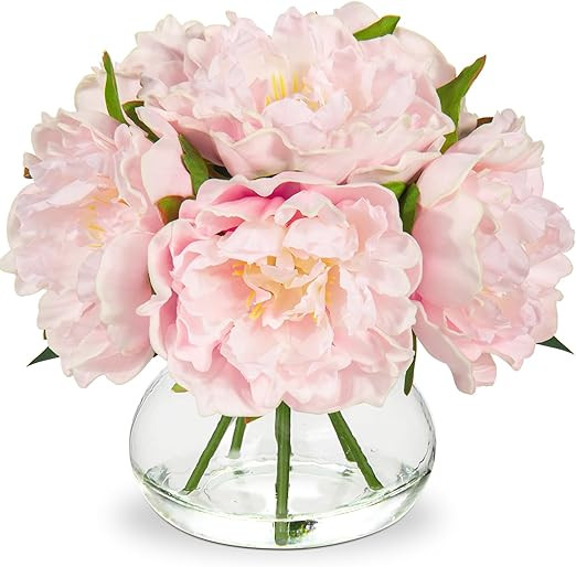 Hollyone Pink Peonies Artificial Flowers with Vase Faux Flowers Peony Fake Flowers Silk Flower Ar... | Amazon (US)