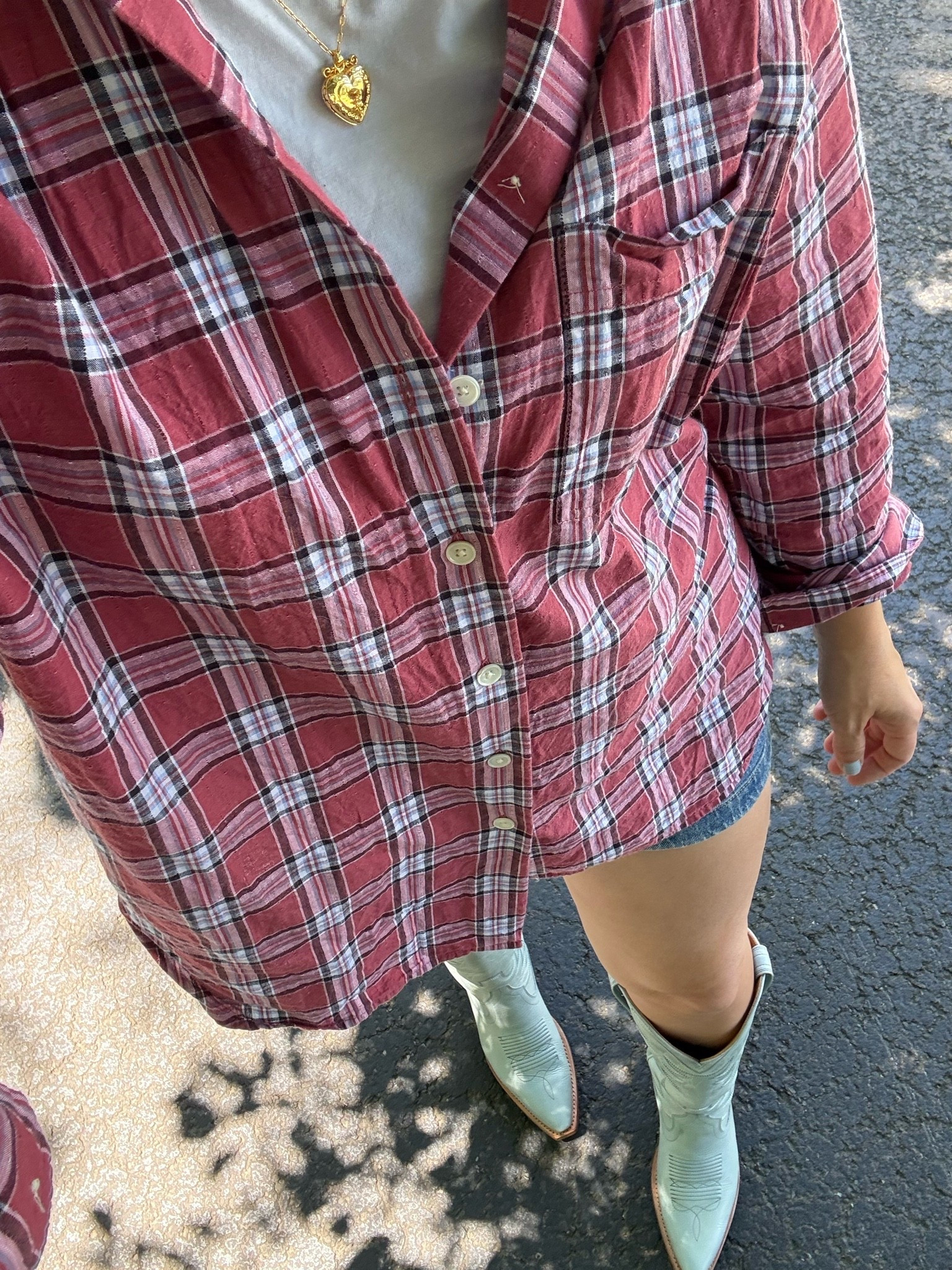 Denim shorts, Jean shorts, locket, affordable locket necklace, blue boots, cowgirl boots, casual fashion, cotton shirt, flannel shirt, plaid shirt, transitional outfit

#LTKootd #LTKSeasonal