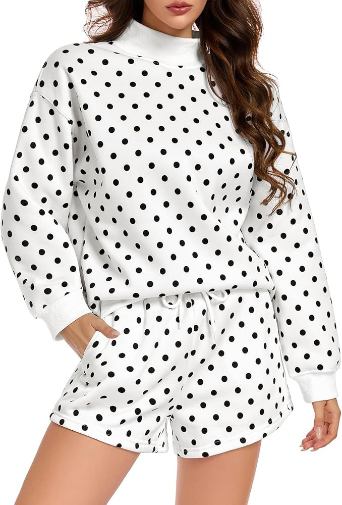 Womens 2 piece lounge Set Mock Neck Long Sleeve Sweat Shorts Sets Sweatsuit | Amazon (US)