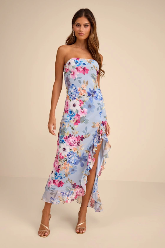 Melissa Light Blue Multi Floral Ruffled Midi Dress | spring wedding guest dress  | Lulus