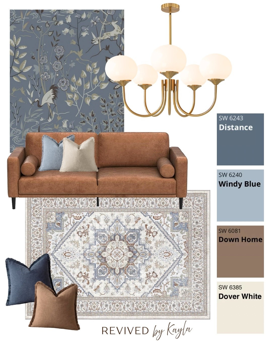 Blue and brown living room design from Amazon 🤎 I absolutely love this rug and chandelier 😍

#homedecor #livingroomdecor #livingroomdesign #bluedecor #homedesign #cozy #modern #moderndecor #modernhome #bluewallpaper #amazonfinds Sherwin Williams paint colors, leather couch, blue wallpaper, throw pillows, gold chandelier light fixture, neutral blue and brown rug #amazon 

#LTKFindsUnder50 #LTKFindsUnder100 #LTKHome