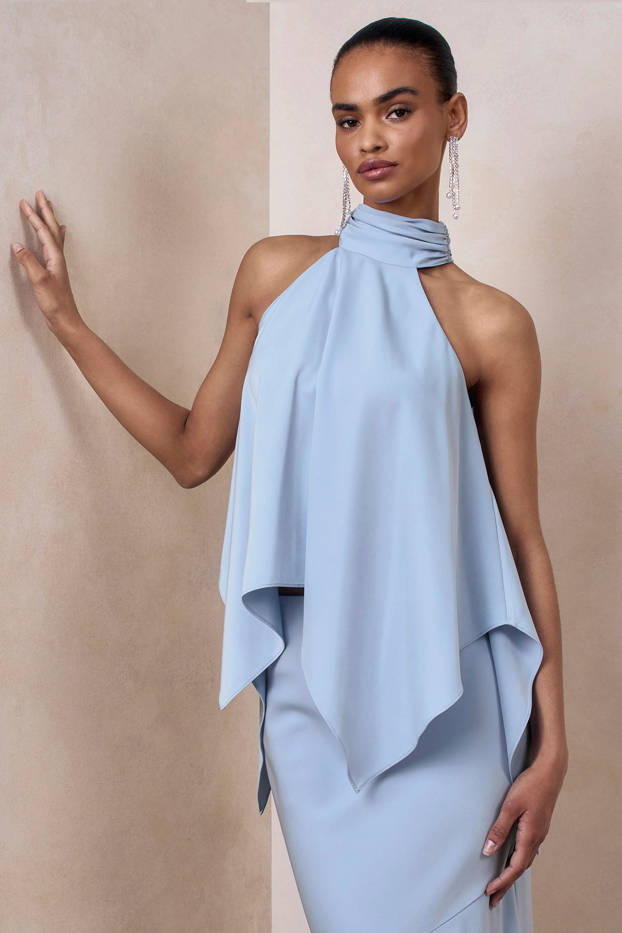Sancelle | Powder Blue Satin Halter-Neck Top | Club L London