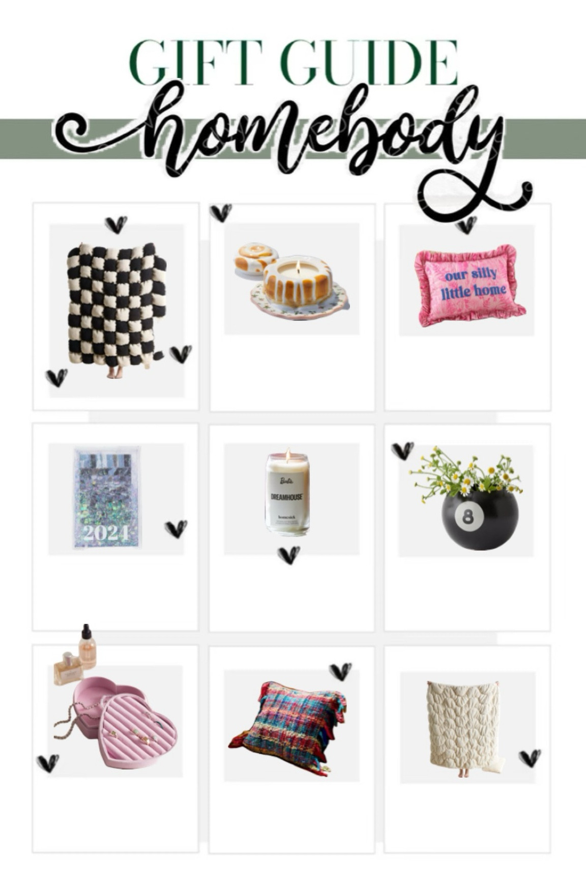 Gift Guide for the Homebody! Cozy, thoughtful finds perfect for making any space feel a little warmer. From unique candles to snuggly blankets and quirky decor, here’s everything you need to treat yourself or the homebody in your life this season. Swipe for details and links! 💖 #GiftGuide #HomebodyEssentials #CozySeason 

#LTKHome #LTKGiftGuide #LTKHoliday