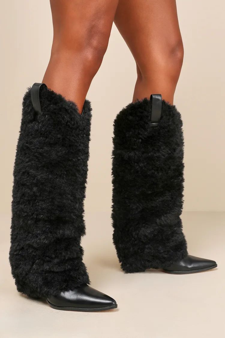 Loreta Black Faux Fur Foldover Knee-High Boots | Lulus (US)