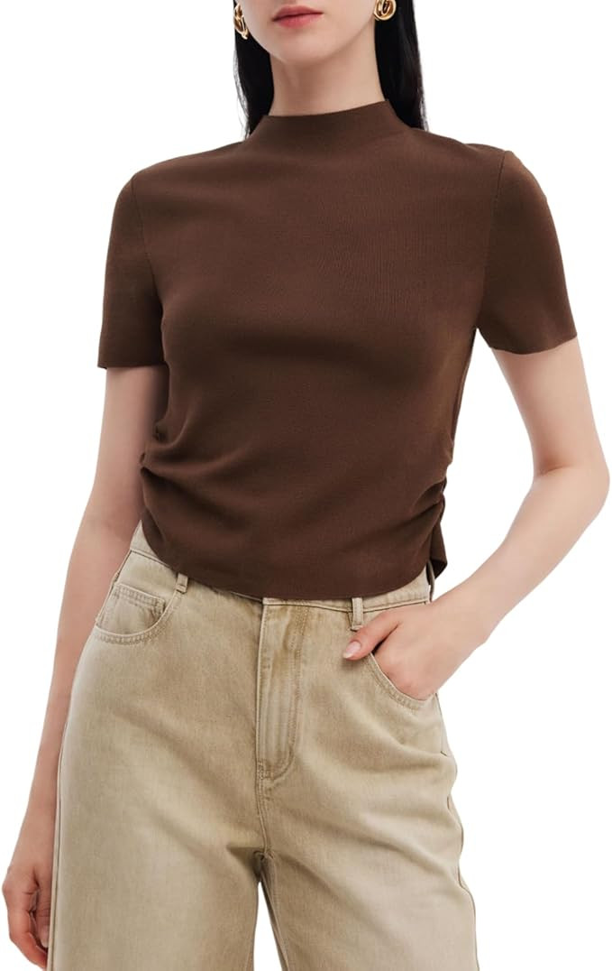 GOELIA Womens Short Sleeve Tops Fall Tencel Blend Mock Neck Knit Top Side Pleated Business Casual... | Amazon (US)