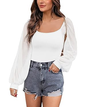 BTFBM Women Mesh Puff Long Sleeve Shirts Tops Scoop Neck Swiss Dot Slim Casual Ribbed Knit Summer... | Amazon (US)