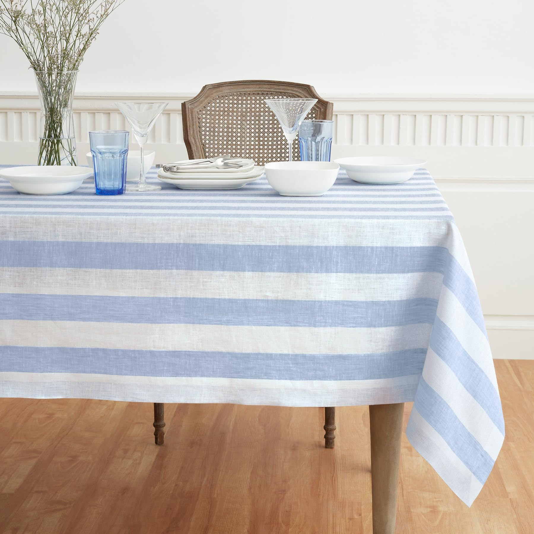 Solino Home Linen Tablecloth 60 x 90 Inch - Cabana Stripe 100% Pure Linen Sky Blue and White Tabl... | Amazon (US)