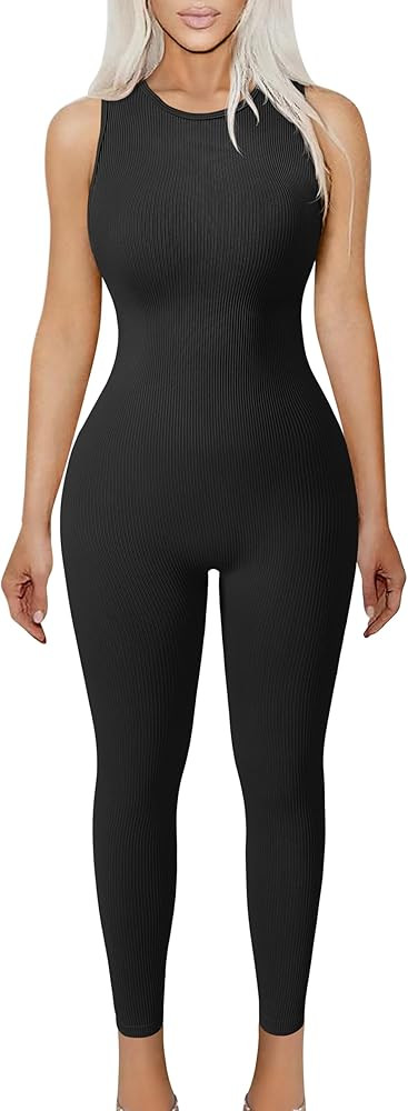 TOB Women Yoga Jumpsuits Workout Ribbed Sleeveless Crew Neck Tummy Control Jumpsuits | Amazon (US)