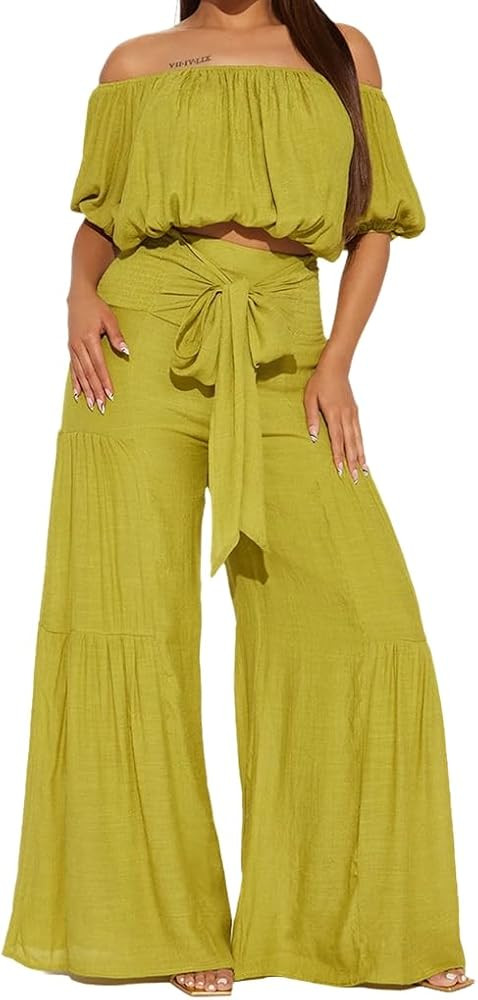 THLAI Women 2 Piece Outfits Off Shoulder Bubble Crop Top and Bowtie Wide Leg Pants Set Summer Swe... | Amazon (US)