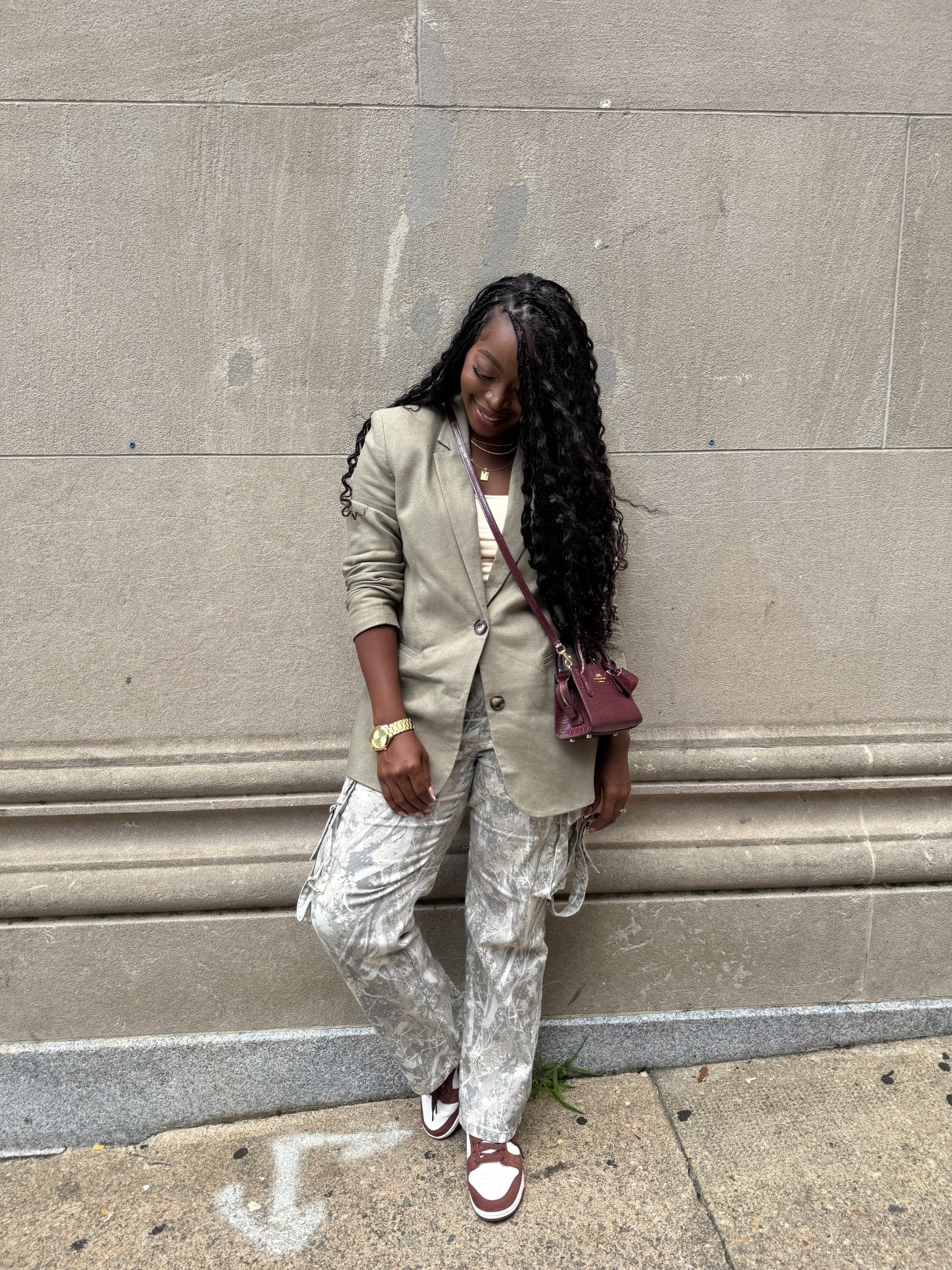 Fall outfit: camouflage pants, blazer, mini shoulder purse. 

#LTKU #LTKMidsize #LTKStyleTip