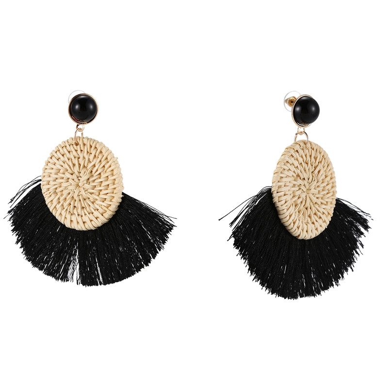 Handmade Round Scalloped Straw Earrings Ladies Woven Rattan Earrings Jewelry, Black | Walmart (US)