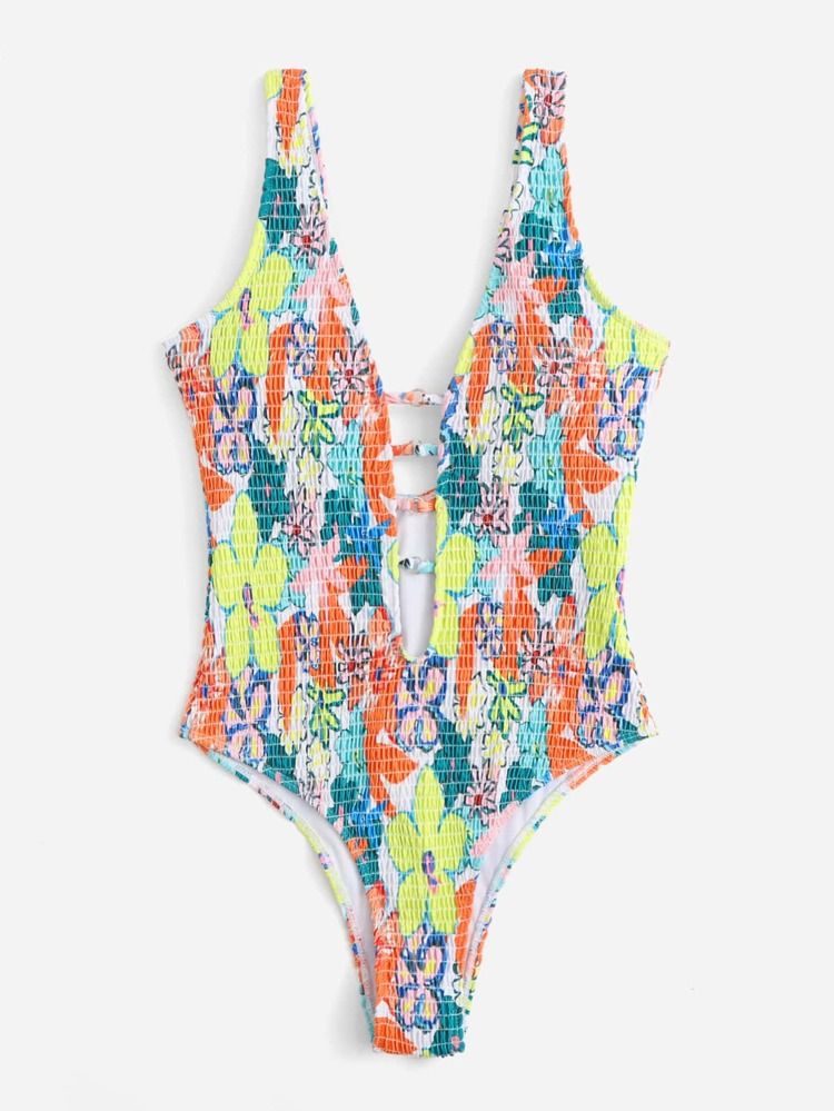 Floral Print Smocked Ladder Cut-out One Piece Swimsuit | SHEIN