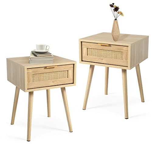 HOPUBUY Nightstands Set of 2 with Rattan Drawer, Modern Night Stand for Bedrooms, Wooden Bedside Table Side Table for Small Place and Bedroom (Brown, 1 Drawers 2 Pack) | Amazon (US)