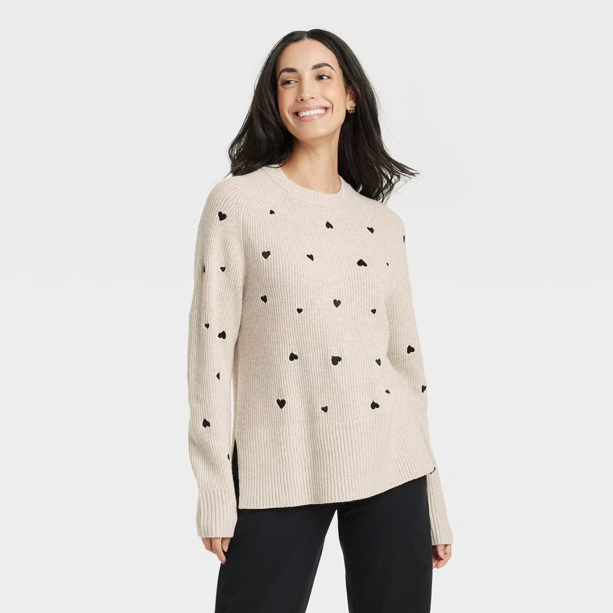 Women's Valentine's Crewneck Pullover Sweater - A New Day™ Taupe Hearts S | Target