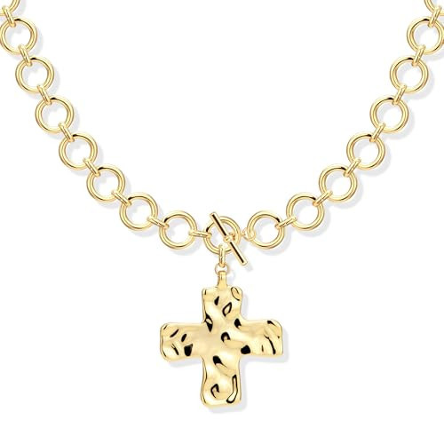 Poxtex Chunky Cross Necklace for Women, 14K Gold Statement Necklace Toggle Clasp Necklace Large Hammered Bold Cross Jewelry Trendy Thick Chain Vintage Chain Pendant Charm Jewelry Personalized Gifts | Amazon (US)