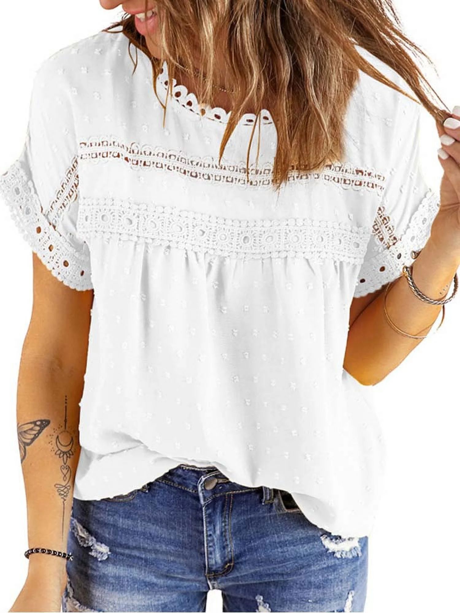 UVN Summer Shirts for Women Short Sleeve Blouses Ladies Crewneck Lace Crochet Tops Dressy Chiffon... | Walmart (US)
