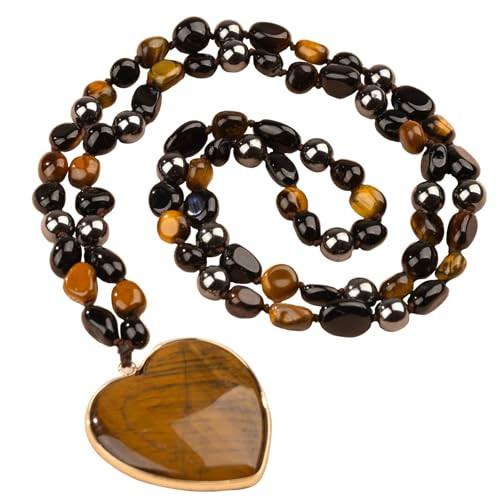 Long Necklaces for Women Boho, 31.5" Colorful Natural Stone Beaded Women's Necklaces, Handmade Heart Brown Tiger-eye Stones Pendant, Vintage Bohemian Jewelry Gifts for Mom Grandma | Amazon (US)