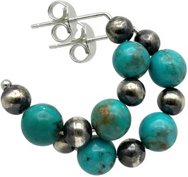 Turquoise Earrings, Sterling Silver Navajo Pearl Style Hoop Earrings for Women - Beaded Western J... | Amazon (US)