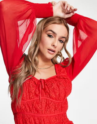 Miss Selfridge lace chiffon sleeve corset top in red | ASOS (Global)
