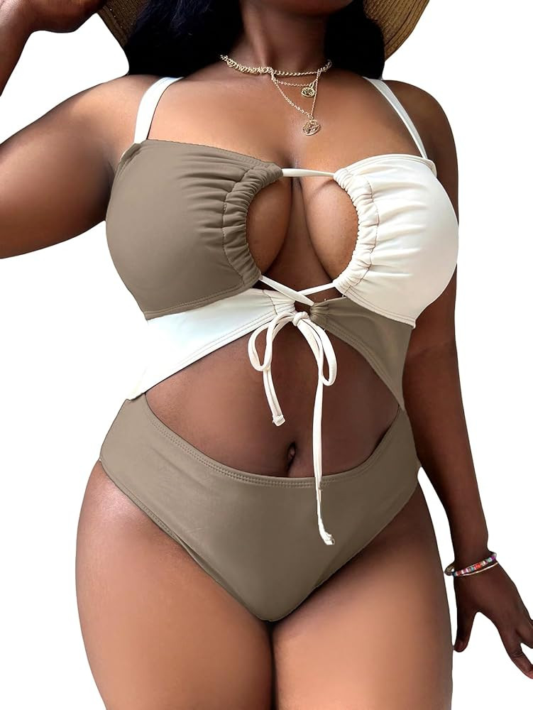 WDIRARA Women's Plus Size Cut Out Color Block Drawstring One Piece Swimsuit Monokini Bathing Suit | Amazon (US)