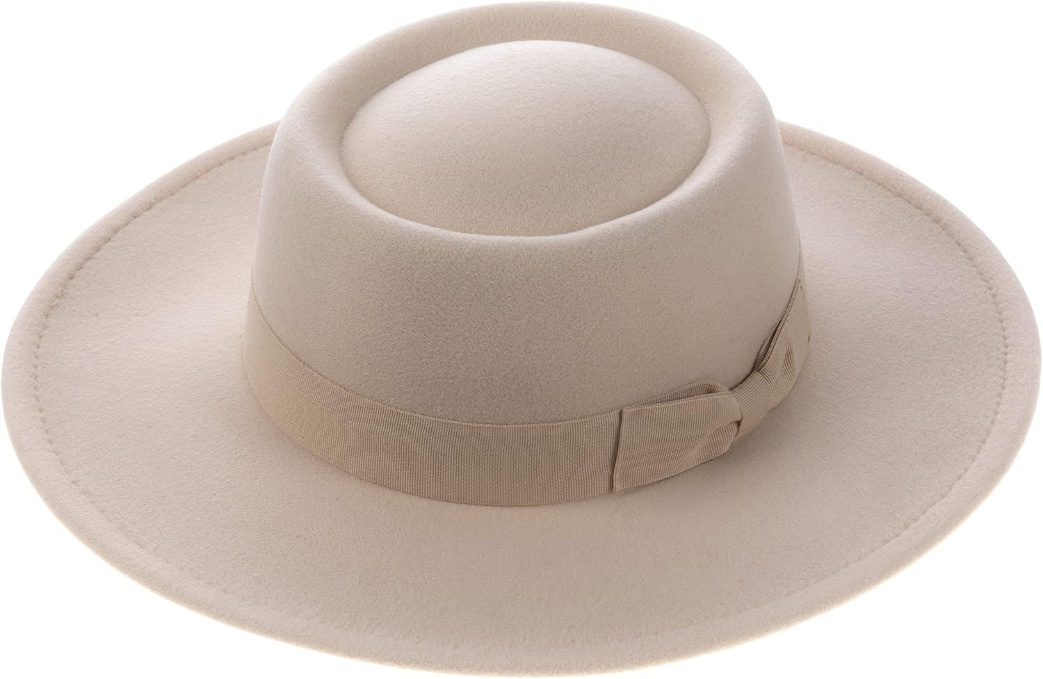 PORSYOND Wide Brim Fedora Flat Top Hat Wool Felt Boater Pork Pie Jazz Hat for Women | Amazon (US)
