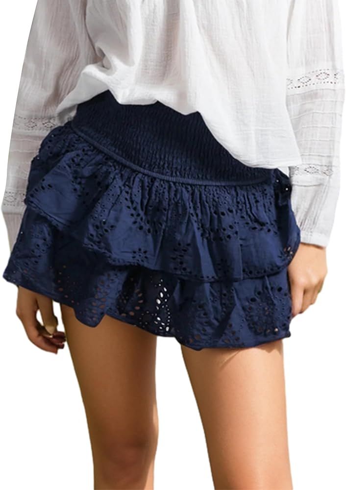 Women's High Waist Smock Eyelet Tiered Ruffle Mini Skirts Solid A Line Summer Party Short Skirt | Amazon (US)