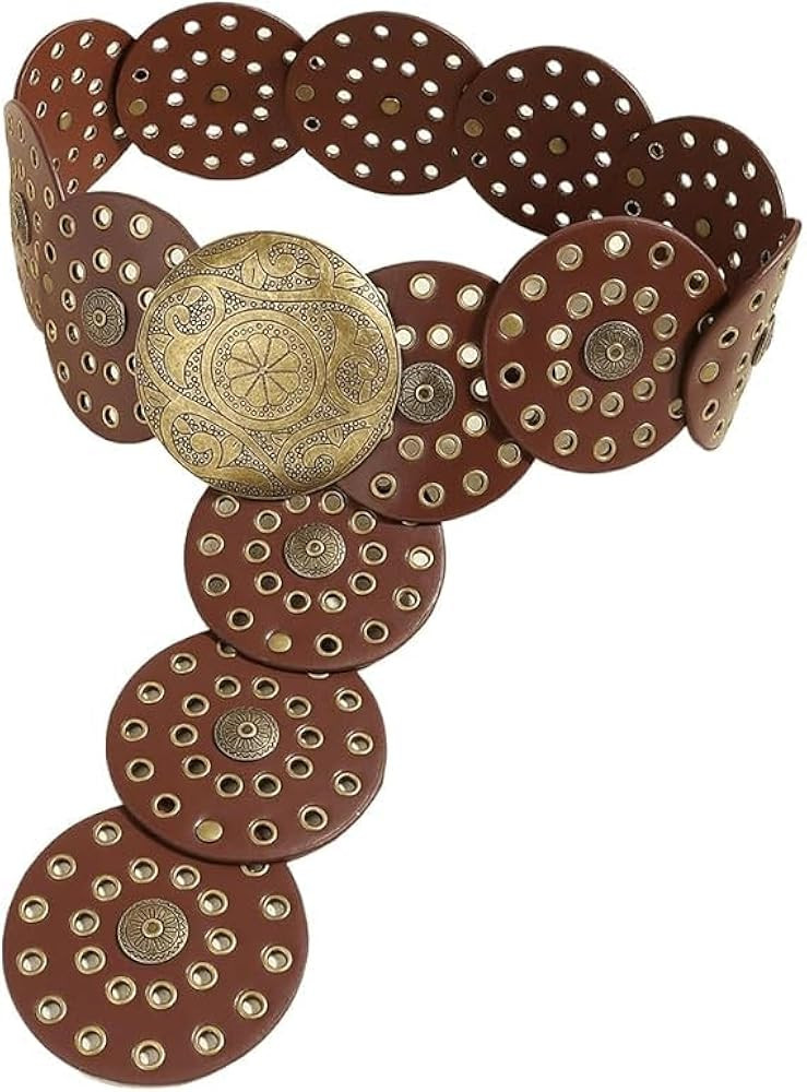 Women Wide-Disc Western-Belts - Vintage Hollow-Rivet Cowgirl-Boho-PU-Leather-Belt for Dress Jeans | Amazon (US)