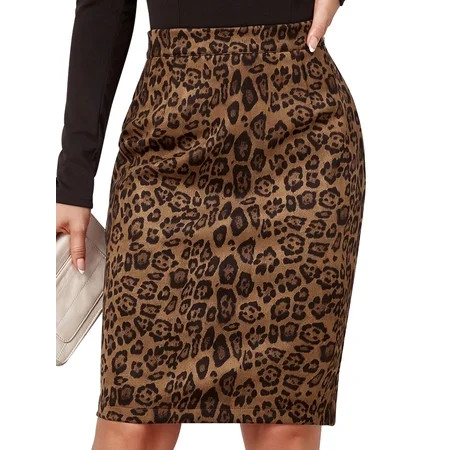 Hibeli Women Faux Suede Leopard Print Knee Length Skirt Sexy High Waist Bodycon Slit Midi Pencil Skirts | Walmart (US)