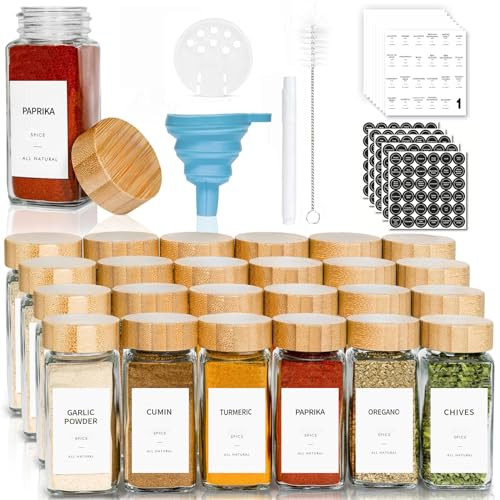 SUROQUE Spice Jars with Labels 24pcs Seasoning Organizer Bottles 4oz Glass Spice Jars with Bamboo Lids Spices and Seasonings Set Seasoning Containers for Spice Rack Kitchen Organizers and Storage | Amazon (US)