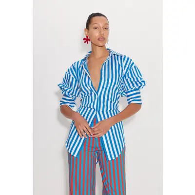 SIMONMILLER Loch Striped Poplin Button Up in Cheetah at Nordstrom, Size X-Large | Nordstrom