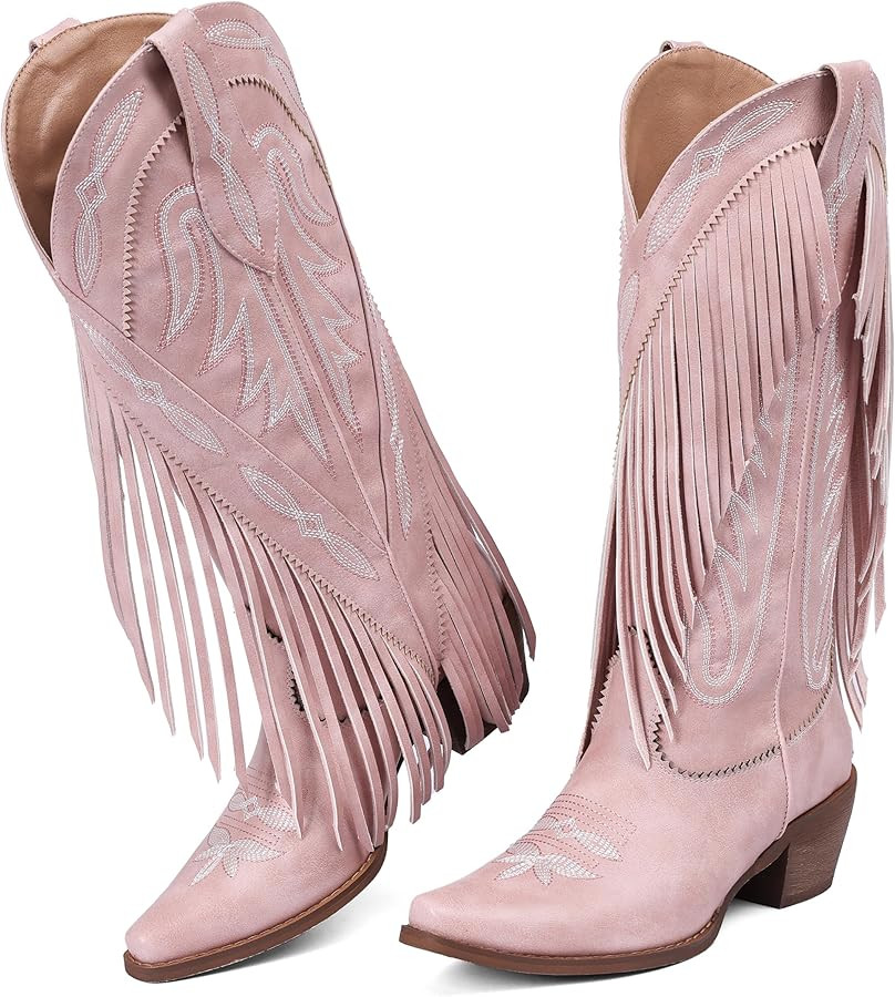 Fringe Cowgirl Boots for Women Retro Square Toe Side Zipper Block Chunky Heel Tassel Country Conc... | Amazon (US)