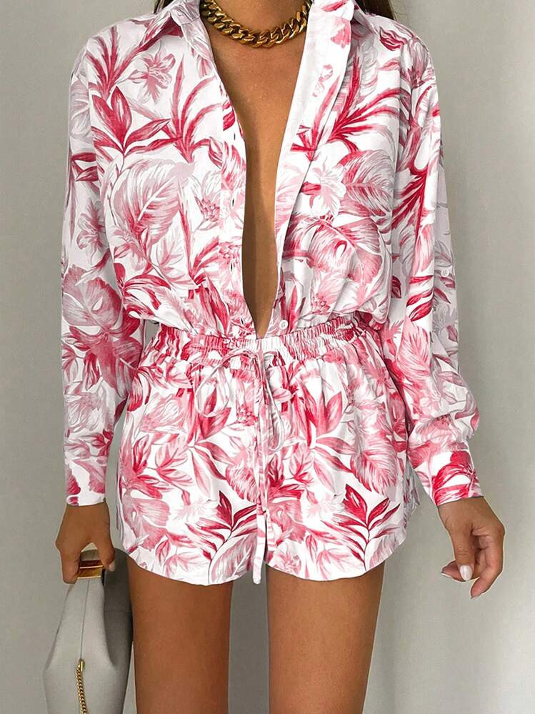 SHEIN Essnce Women's Tropical Plant Print Long Sleeve Shirt And Shorts Casual 2Pcs Suit | SHEIN