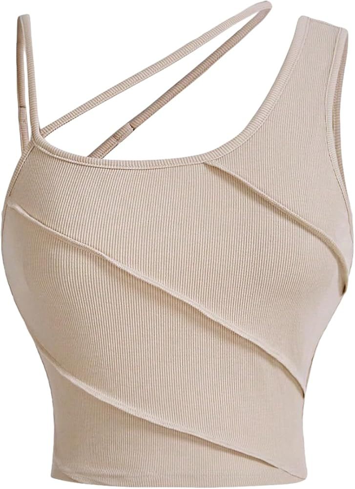 GORGLITTER Women's Asymmetrical Neck Crop Top Sleeveless Ribbed Knit Tank Tops | Amazon (US)