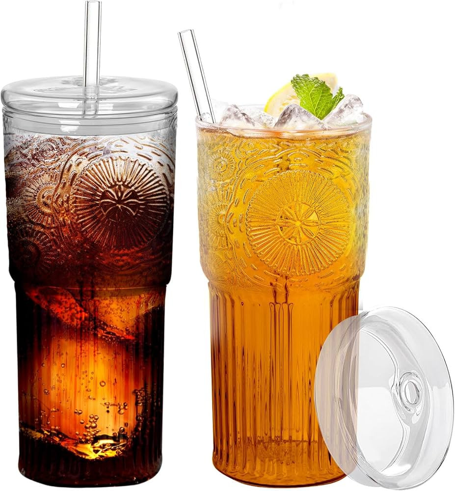 2PCS Cups with Lids and Glass Straws, 20OZ Iced Coffee Cups, Home Essential and Coffee Bar Access... | Amazon (US)