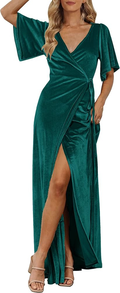 MEROKEETY Women's V Neck Wrap Velvet Maxi Wedding Guest Dress Bell Sleeve Split Bridesmaid Cockta... | Amazon (US)