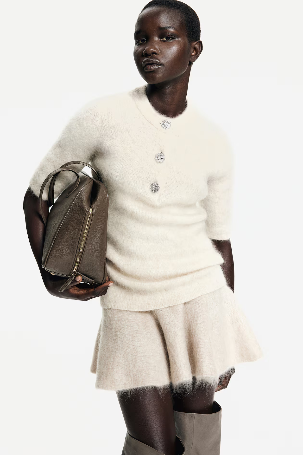 Mohair-blend rib-knit top - Round neck - Short sleeve - Light beige - Ladies | H&M GB | H&M (UK, MY, IN, SG, PH, TW, HK)