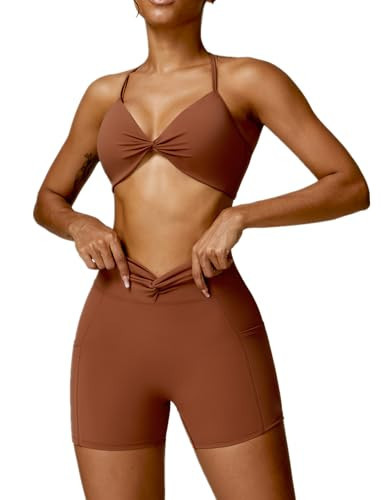 ABOCIW Workout Sets for Women Twist Front Halter Neck Sports Bra Twist Waist Biker Shorts with Pocket Exercise Yoga Gym Sets ABOCIW #1 Brown Large | Amazon (US)