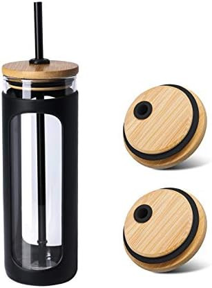Kodrine 24 oz Glass Water Bottle with Bamboo Lid and Straw, Wide Mouth Water Tumbler,Straw Silico... | Amazon (US)