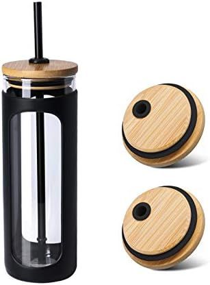 Kodrine 24 oz Glass Water Bottle with Bamboo Lid and Straw, Wide Mouth Water Tumbler,Straw Silico... | Amazon (US)