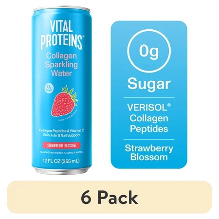 (6 pack) Vital Proteins Collagen Sparkling Water Strawberry Blossom, VERISOL® Collagen Peptides + Vitamin C, 0g Sugar, Liquid Skin Support Drink, 12 FL OZ Can | Walmart (US)