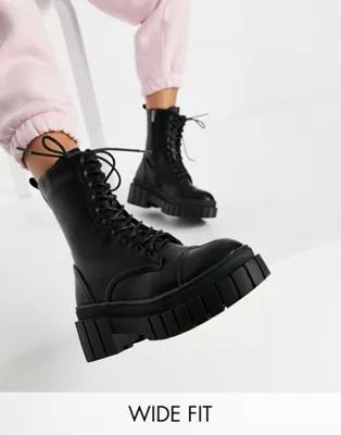 Public Desire Wide Fit Omega chunky lace up boots in black | ASOS (Global)