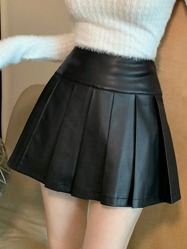 DAZY Women Casual Versatile Solid Color Pleated PU Mid-Length Skirt Fall Skirts | SHEIN