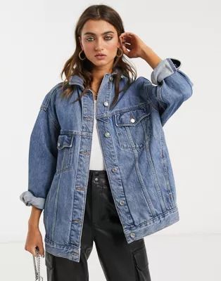 Topshop oversized denim jacket in mid wash blue | ASOS (Global)