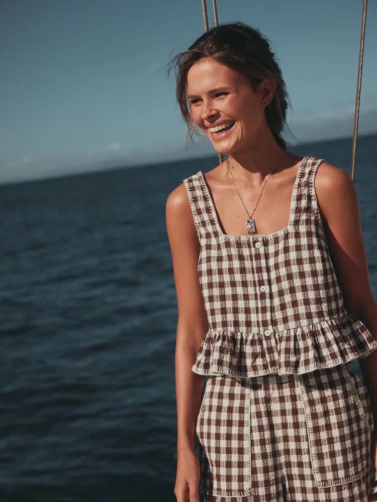 Chocolate Brown Gingham Peplum Square Neck Top | Next US