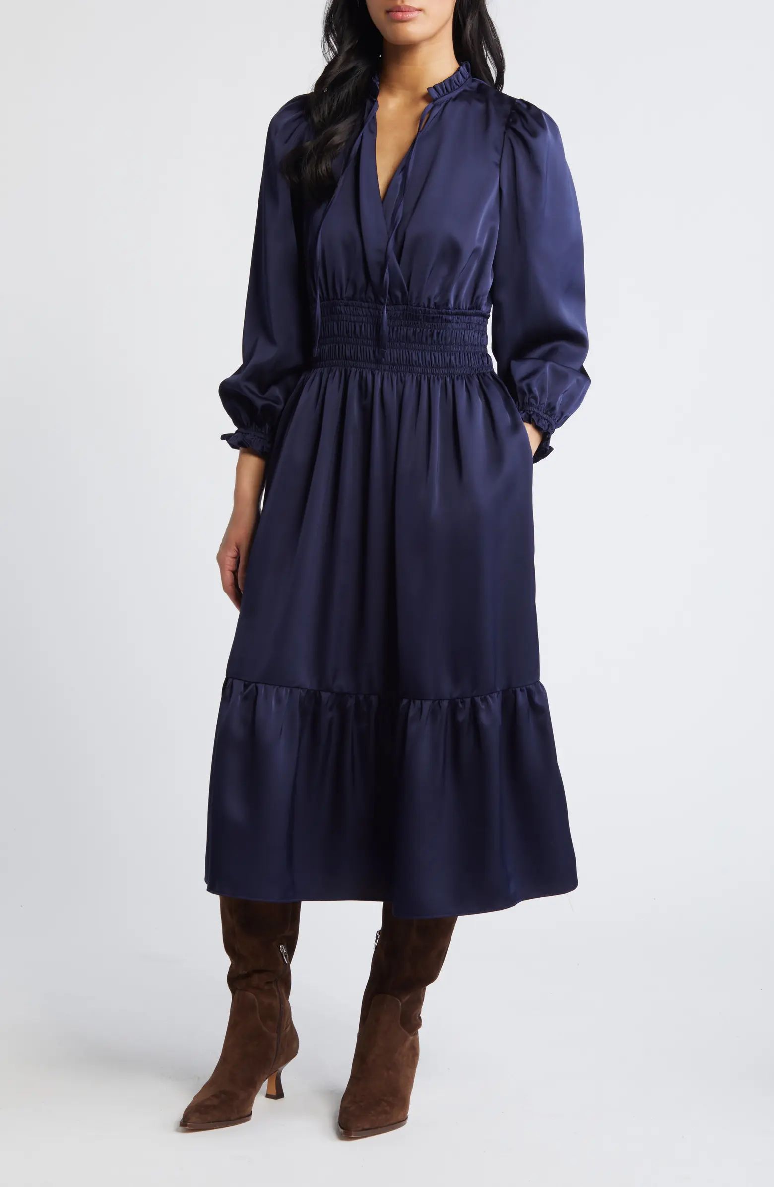 Ruffle Trim Long Sleeve Satin Dress | Nordstrom