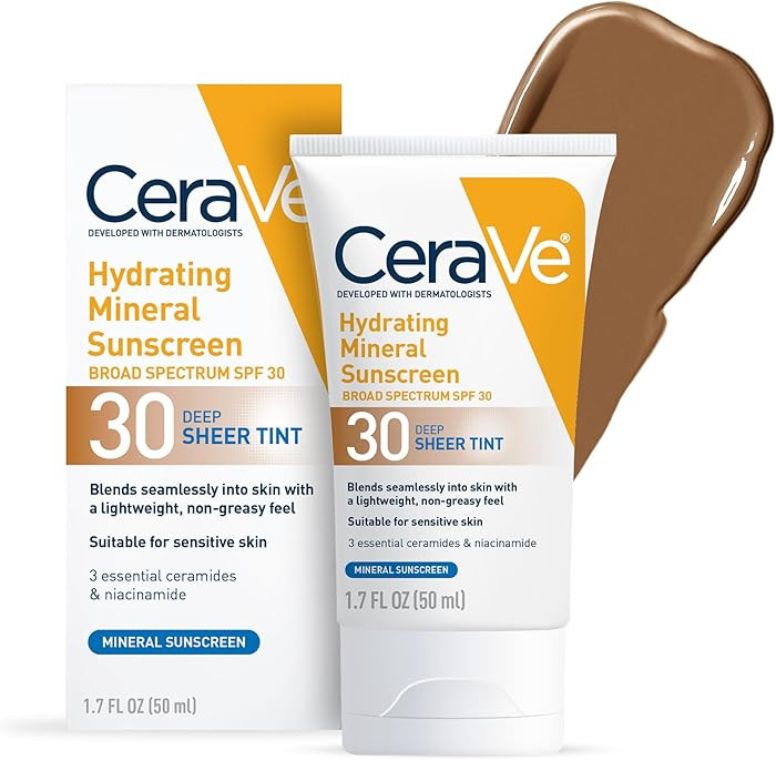 CeraVe Hydrating Mineral Sunscreen SPF 30 with Sheer Tint, Tinted Mineral Sunscreen with Zinc Oxi... | Amazon (US)