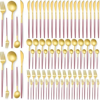 90 Pcs Gold Silverware Set, 18 Set Gold Flatware Cutlery for 5 Matte Golden Stainless Steel Utens... | Amazon (US)